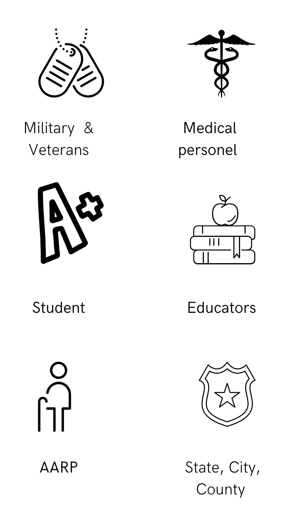 Discount graphic with icons for military and veterans, medical personnel, students, educators, AARP, and state, city, and county officials