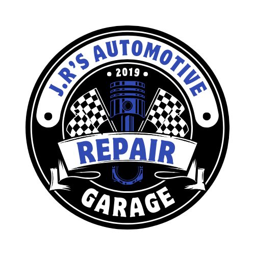 Round J.R's Automotive Repair Garage logo with checkered flags, an engine piston, and the year 2019
